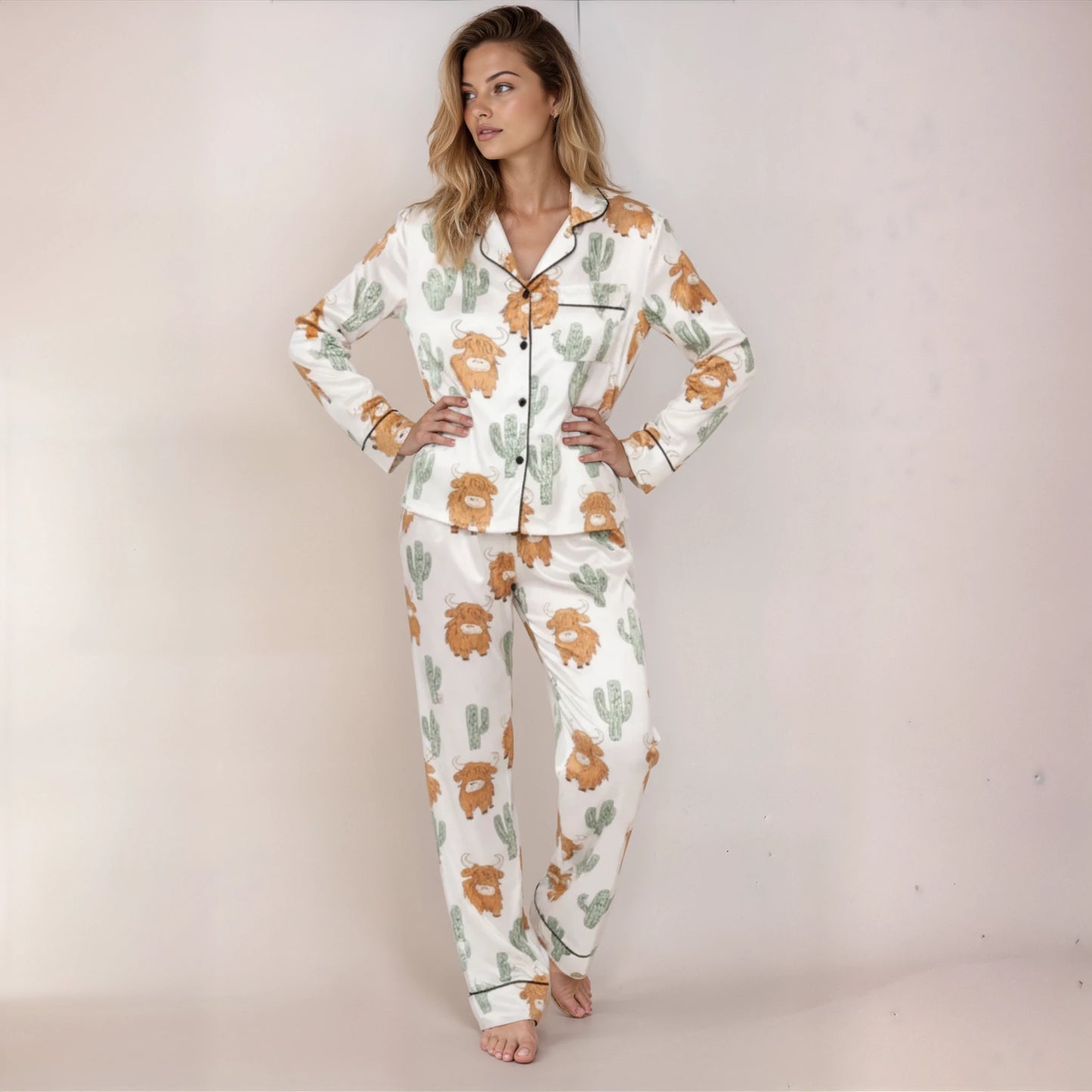 Highland Cow Cactus Pajama Set for Women – Cozy Printed Loungewear for Relaxed Nights