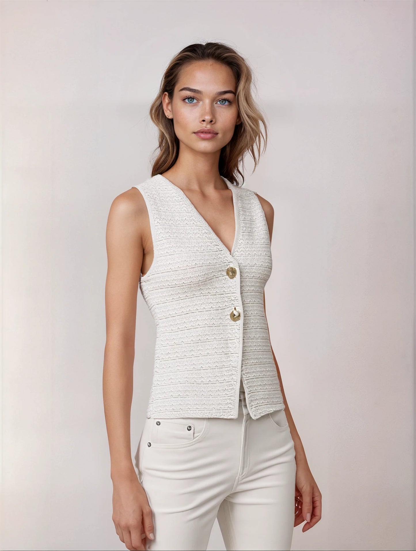 Women’s Knitted Vest with V-Neck and Jewel Buttons – Elegant, Timeless & Versatile