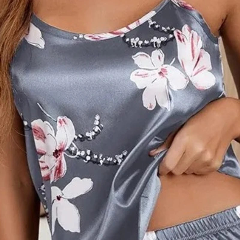Satin Floral Pajama Set for Women – Sleeveless Summer Sleepwear & Loungewear