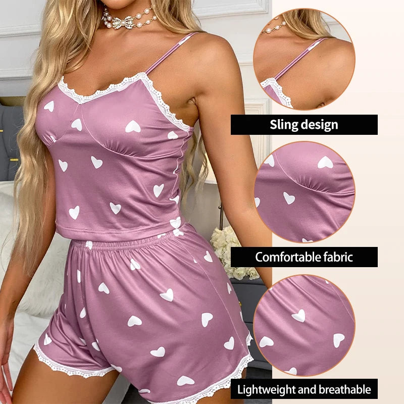Lace V-Neck Pajama Set for Women – Printed Two-Piece Cami Top & Shorts