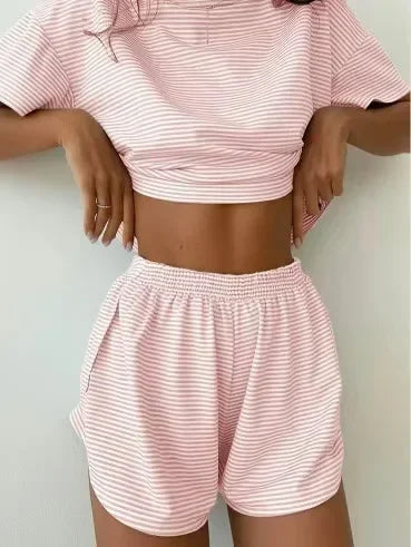 Striped Pajama Set for Women – Short Sleeve T-Shirt & Shorts Two-Piece Loungewear
