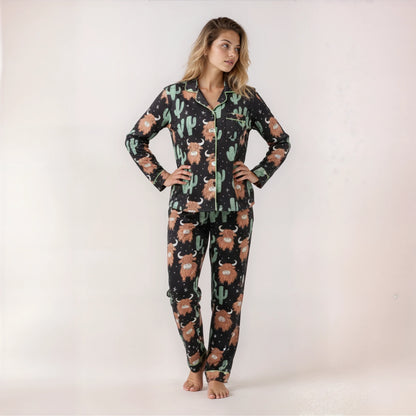 Highland Cow Cactus Pajama Set for Women – Cozy Printed Loungewear for Relaxed Nights
