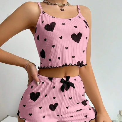 Heart Print Pajama Set for Women – Soft Ribbed Tank Top & Shorts Loungewear