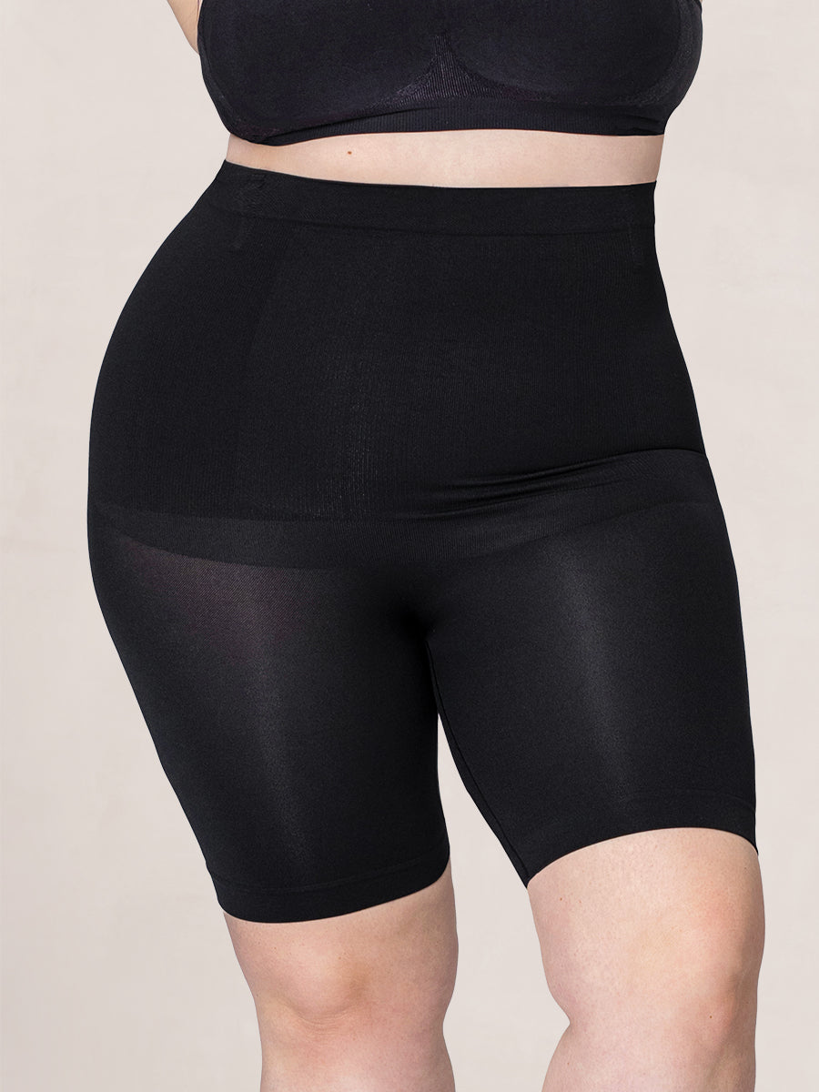 High-waist corrigerende short zwart, detail tailleband