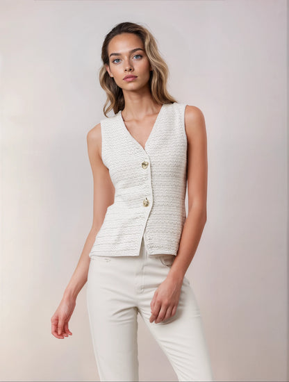 Women’s Knitted Vest with V-Neck and Jewel Buttons – Elegant, Timeless & Versatile