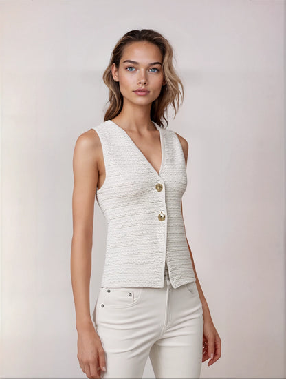 Women’s Knitted Vest with V-Neck and Jewel Buttons – Elegant, Timeless & Versatile