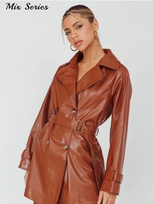 Chic Double-Breasted Faux Leather Jacket – Elevate Your Autumn Wardrobe with Timeless High Street Style!