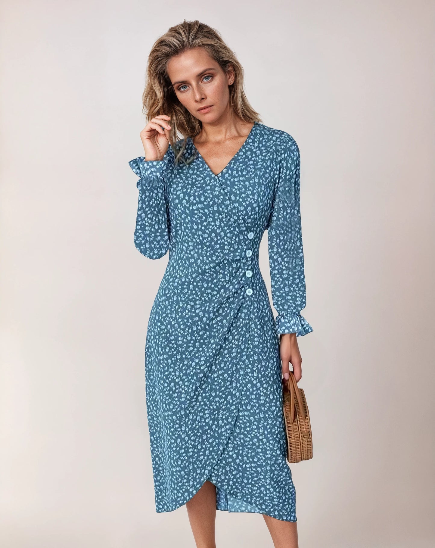 Women’s Patterned Midi Dress with V-Neck – A-Line Pleated Dress
