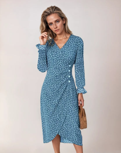 Women’s Patterned Midi Dress with V-Neck – A-Line Pleated Dress