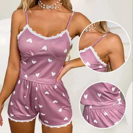 Lace V-Neck Pajama Set for Women – Printed Two-Piece Cami Top & Shorts