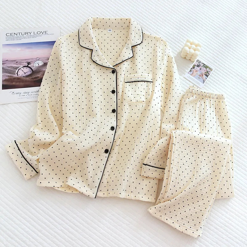Cotton Gauze Pajama Set for Women – Polka Dot Two-Piece Spring Sleepwear