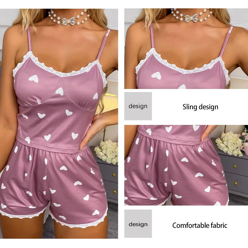 Lace V-Neck Pajama Set for Women – Printed Two-Piece Cami Top & Shorts