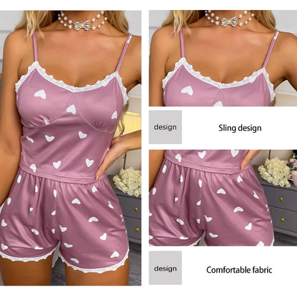 Lace V-Neck Pajama Set for Women – Printed Two-Piece Cami Top & Shorts