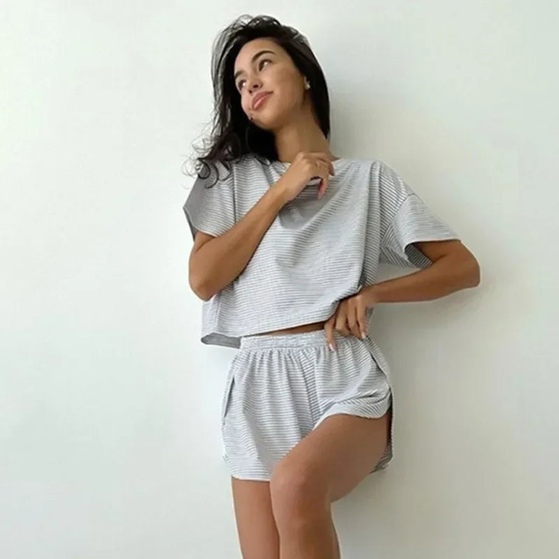 Striped Pajama Set for Women – Short Sleeve T-Shirt & Shorts Two-Piece Loungewear