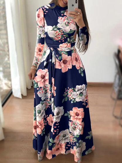 Floral Maxi Dress for Women – Long Sleeve Slim Fit Floor-Length Dress
