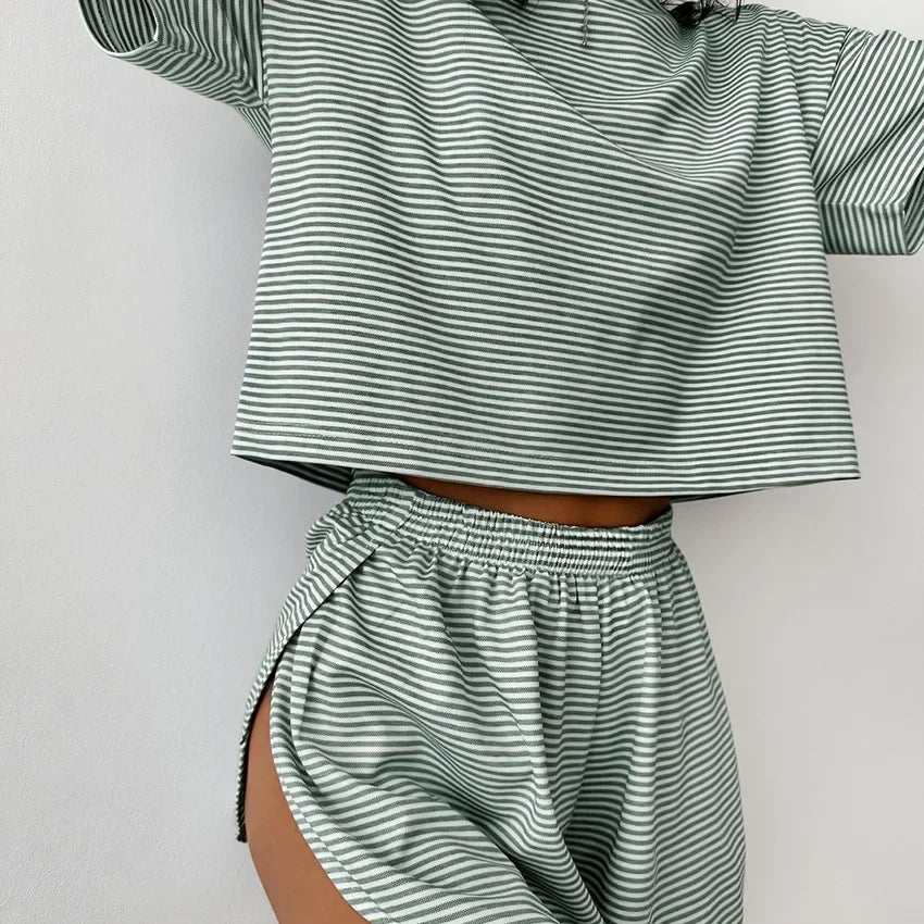 Striped Pajama Set for Women – Short Sleeve T-Shirt & Shorts Two-Piece Loungewear