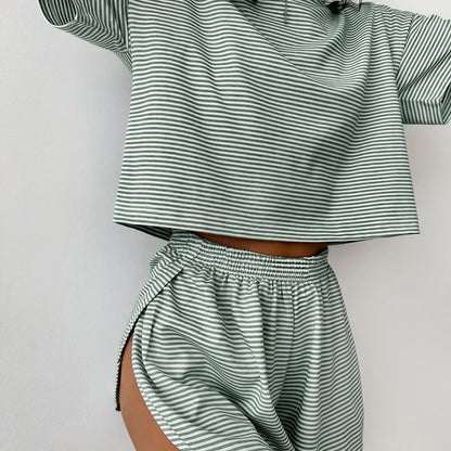 Striped Pajama Set for Women – Short Sleeve T-Shirt & Shorts Two-Piece Loungewear