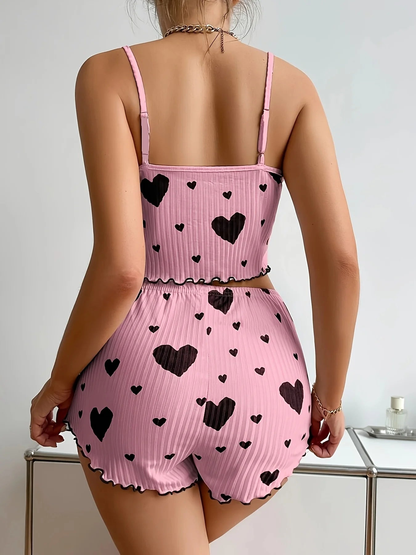 Heart Print Pajama Set for Women – Soft Ribbed Tank Top & Shorts Loungewear