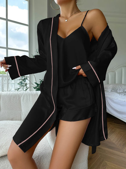Satin Pajama Set with Robe for Women – Long Sleeve Belted Robe, Cami Top & Shorts