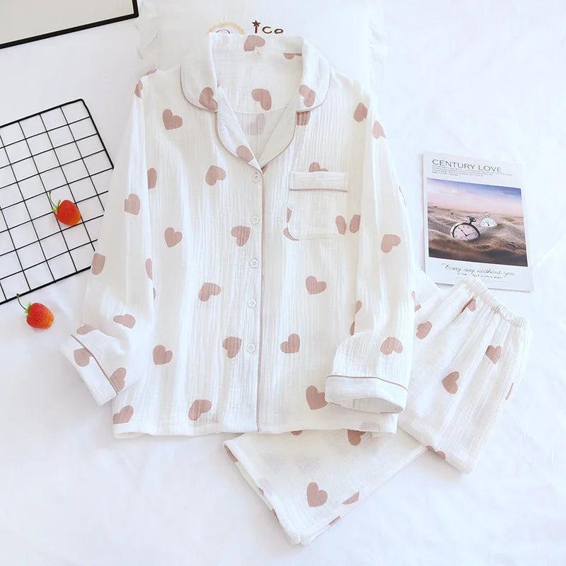 Cotton Gauze Pajama Set for Women – Polka Dot Two-Piece Spring Sleepwear
