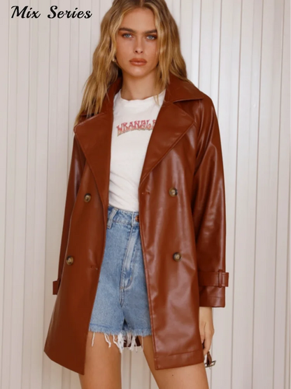 Chic Double-Breasted Faux Leather Jacket – Elevate Your Autumn Wardrobe with Timeless High Street Style!