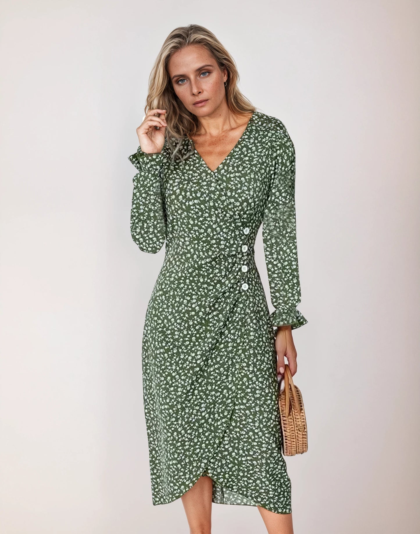 Women’s Patterned Midi Dress with V-Neck – A-Line Pleated Dress