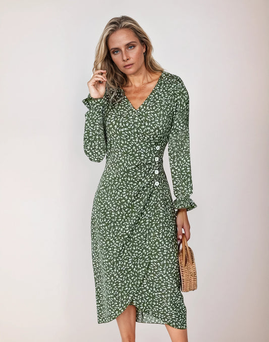 Women’s Patterned Midi Dress with V-Neck – A-Line Pleated Dress