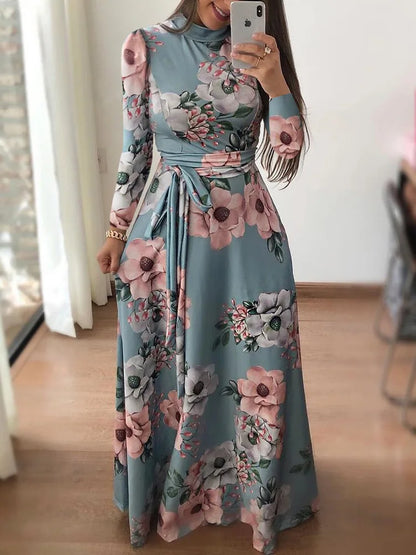 Floral Maxi Dress for Women – Long Sleeve Slim Fit Floor-Length Dress
