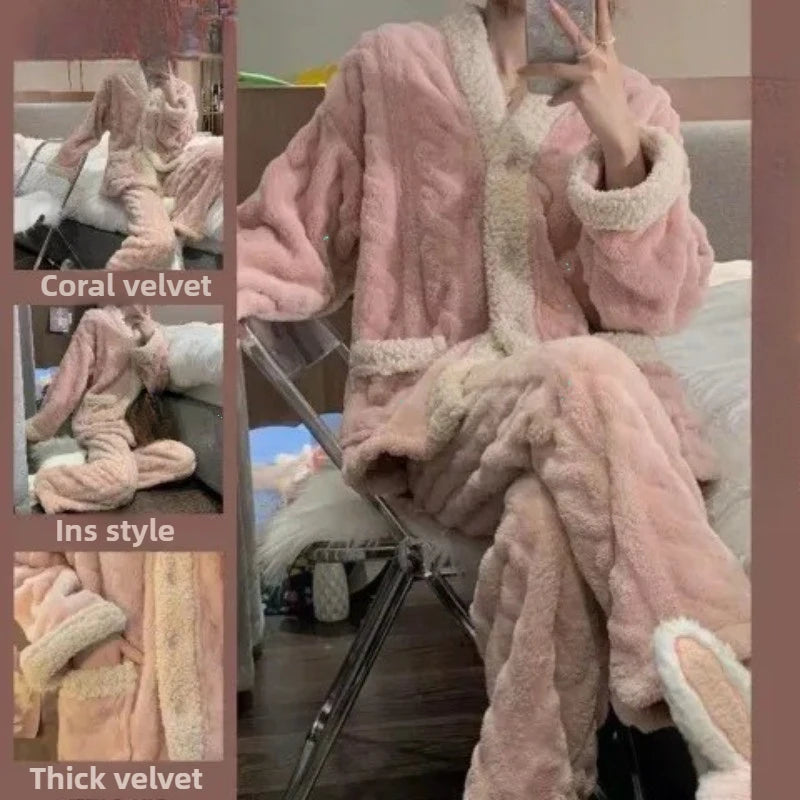 Coral Fleece Pajama Set for Women – Thickened Warm Autumn & Winter Homewear