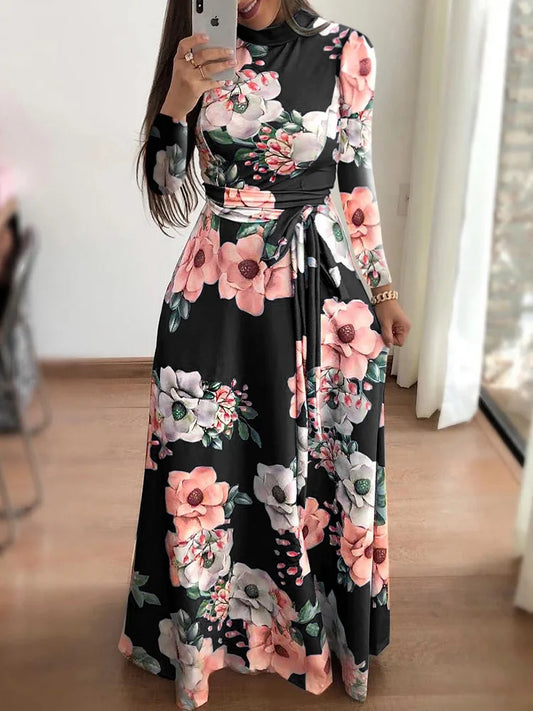 Floral Maxi Dress for Women – Long Sleeve Slim Fit Floor-Length Dress