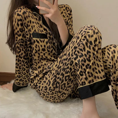 Leopard Print Pajama Set for Women – Elegant Two-Piece Spring & Autumn Homewear