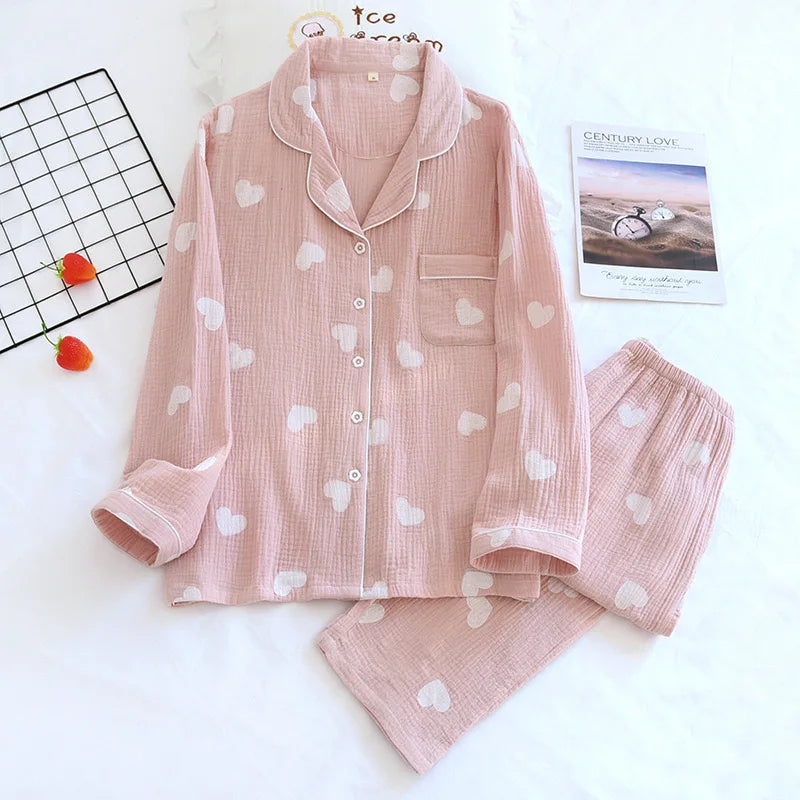 Cotton Gauze Pajama Set for Women – Polka Dot Two-Piece Spring Sleepwear