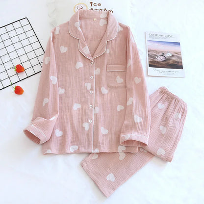 Cotton Gauze Pajama Set for Women – Polka Dot Two-Piece Spring Sleepwear