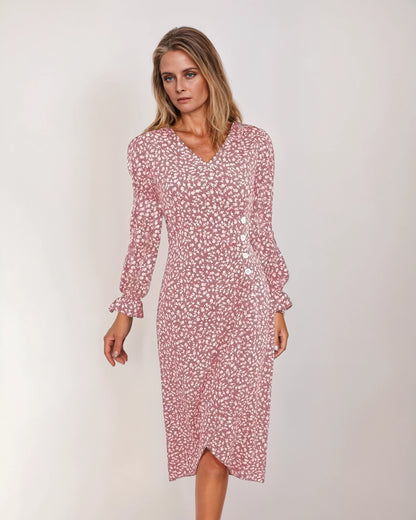 Women’s Patterned Midi Dress with V-Neck – A-Line Pleated Dress