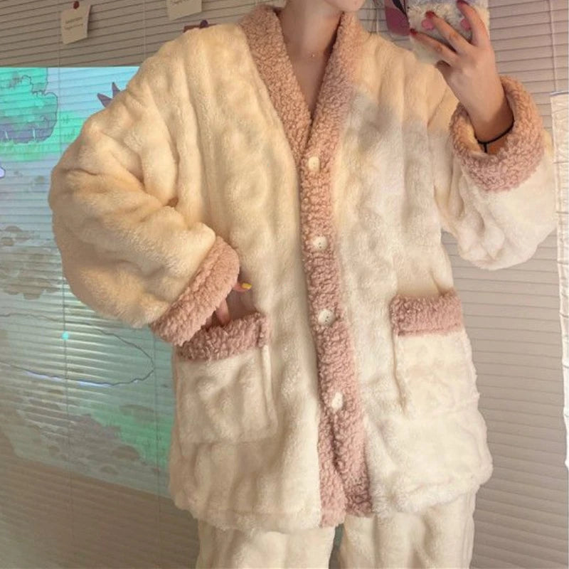 Coral Fleece Pajama Set for Women – Thickened Warm Autumn & Winter Homewear