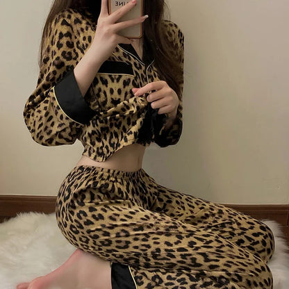 Leopard Print Pajama Set for Women – Elegant Two-Piece Spring & Autumn Homewear
