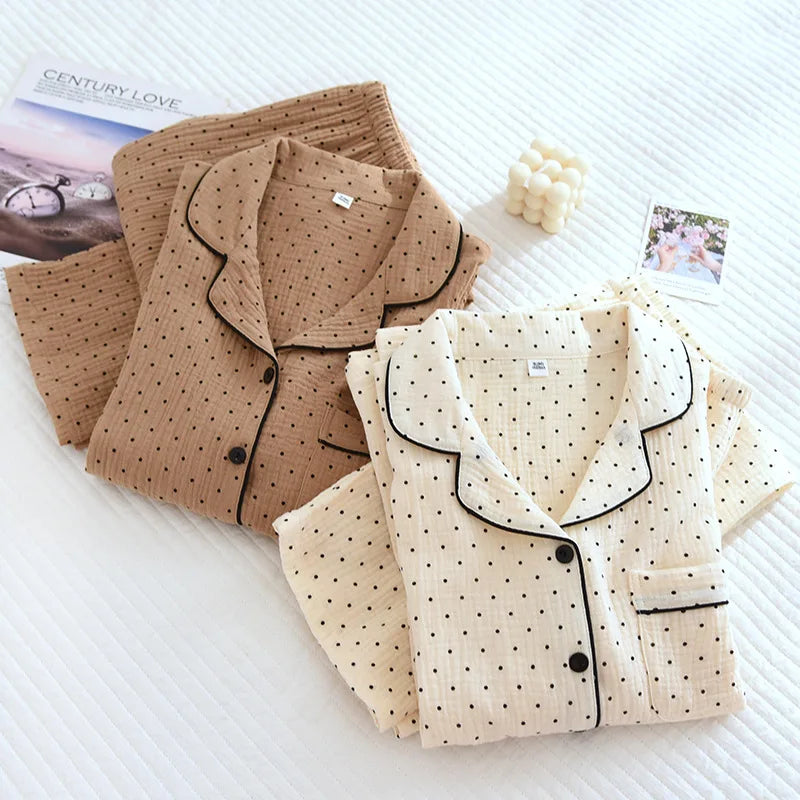 Cotton Gauze Pajama Set for Women – Polka Dot Two-Piece Spring Sleepwear