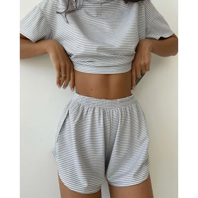 Striped Pajama Set for Women – Short Sleeve T-Shirt & Shorts Two-Piece Loungewear