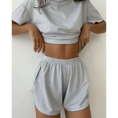 Striped Pajama Set for Women – Short Sleeve T-Shirt & Shorts Two-Piece Loungewear