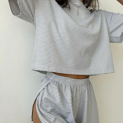 Striped Pajama Set for Women – Short Sleeve T-Shirt & Shorts Two-Piece Loungewear