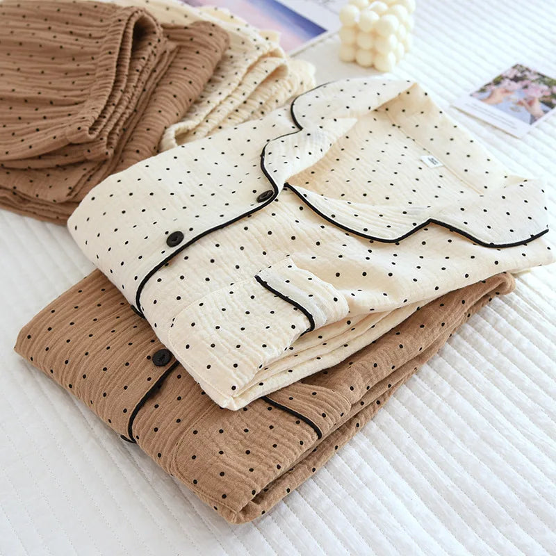 Cotton Gauze Pajama Set for Women – Polka Dot Two-Piece Spring Sleepwear