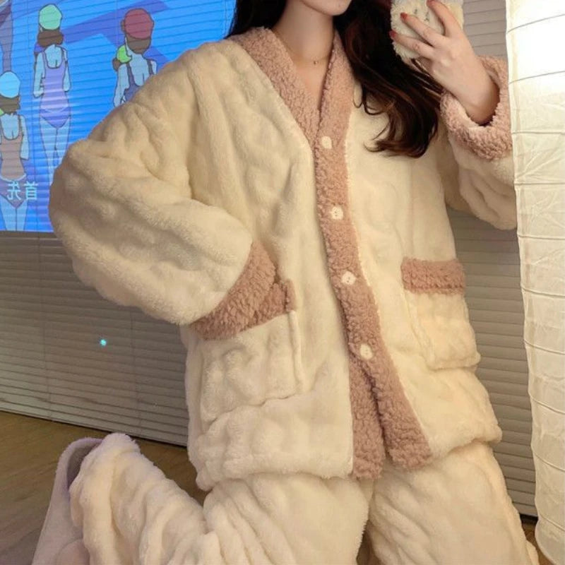 Coral Fleece Pajama Set for Women – Thickened Warm Autumn & Winter Homewear