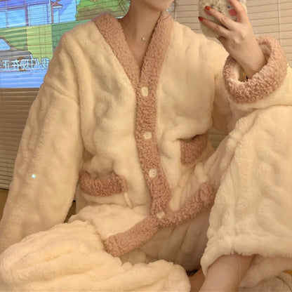 Coral Fleece Pajama Set for Women – Thickened Warm Autumn & Winter Homewear