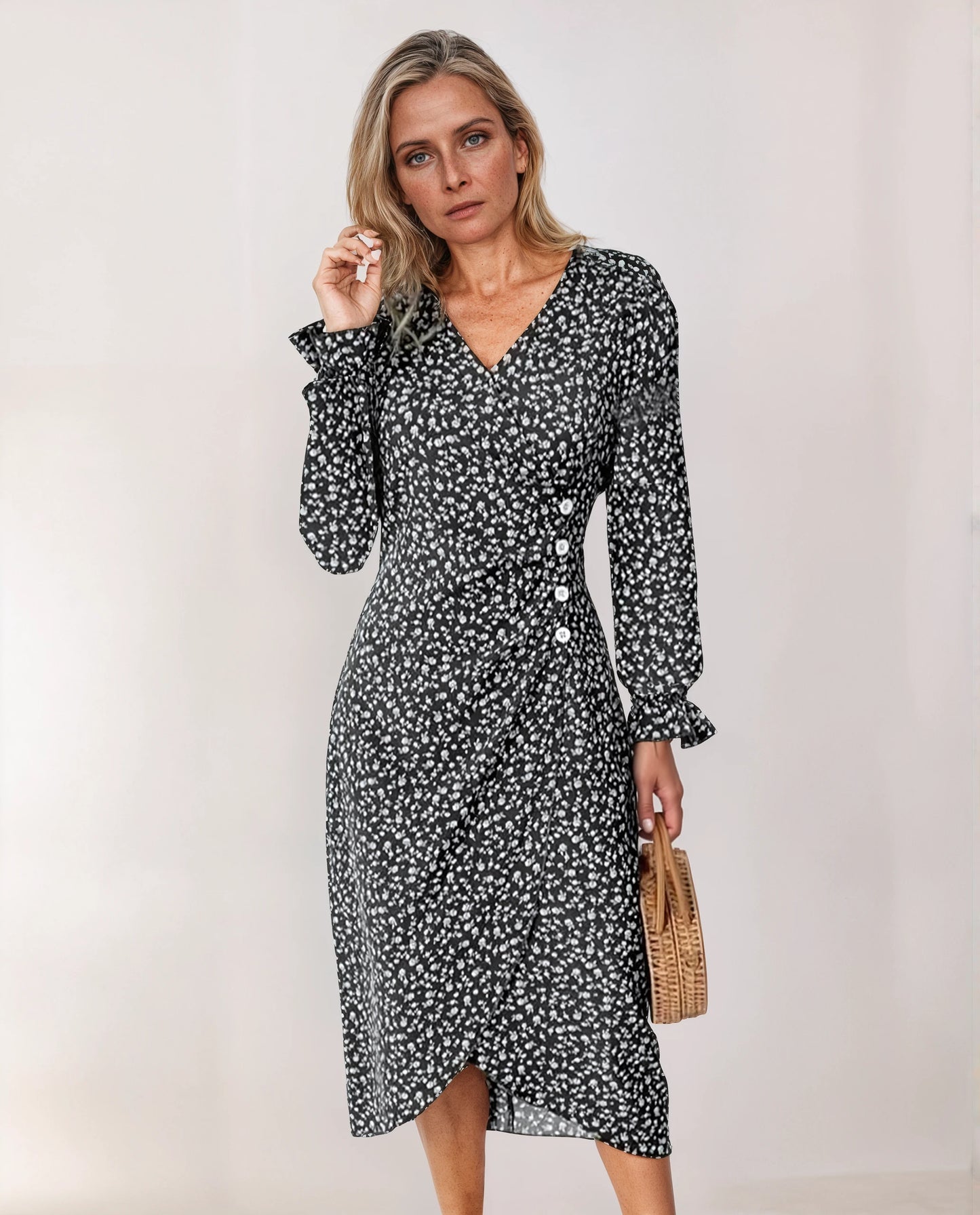 Women’s Patterned Midi Dress with V-Neck – A-Line Pleated Dress