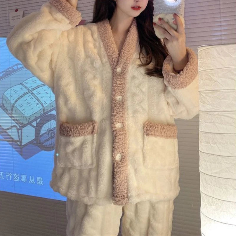 Coral Fleece Pajama Set for Women – Thickened Warm Autumn & Winter Homewear