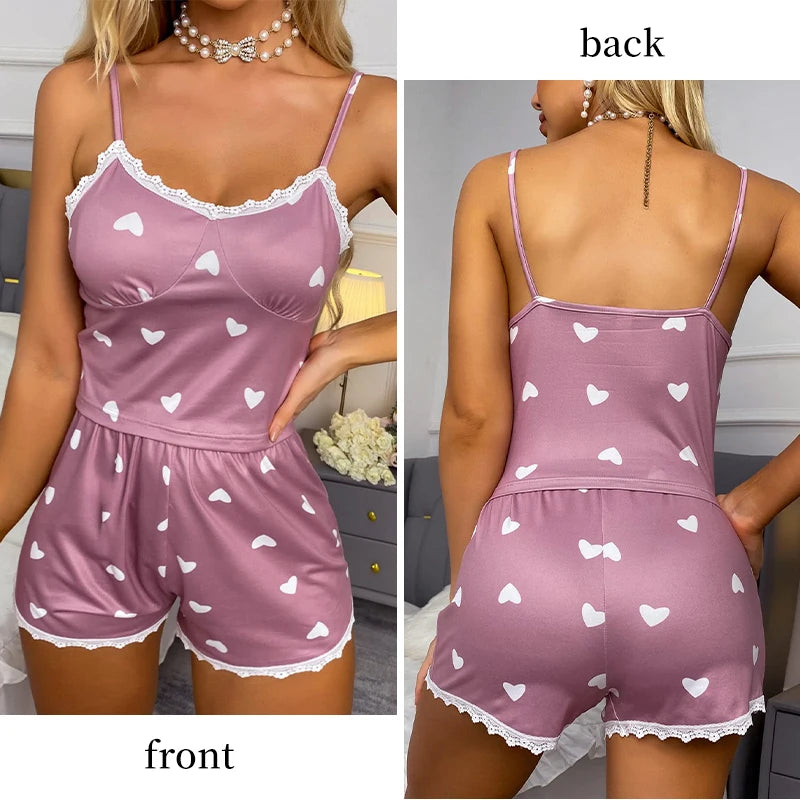 Lace V-Neck Pajama Set for Women – Printed Two-Piece Cami Top & Shorts
