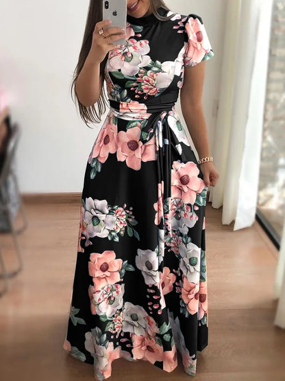 Floral Maxi Dress for Women – Long Sleeve Slim Fit Floor-Length Dress