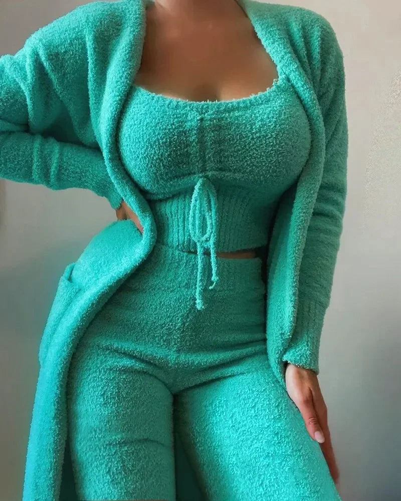 Luxury Plush Pajama Set for Women – Warm Three-Piece Winter Loungewear