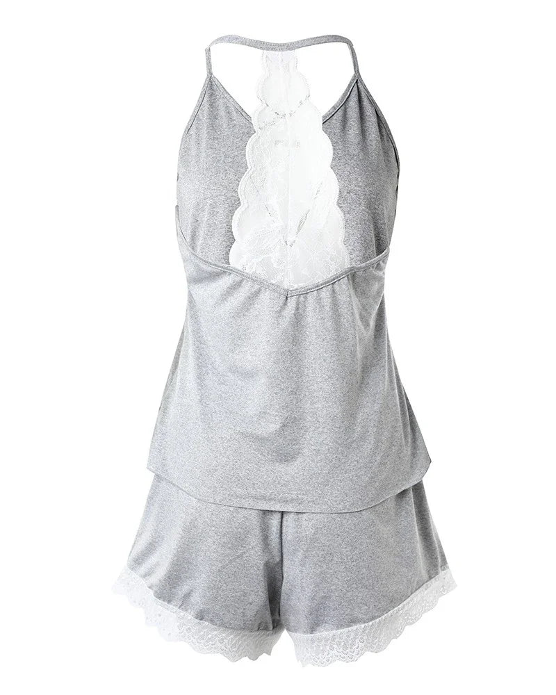 Crochet Lace Pajama Set for Women – Sleeveless V-Neck Two-Piece Summer Loungewear