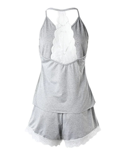 Crochet Lace Pajama Set for Women – Sleeveless V-Neck Two-Piece Summer Loungewear